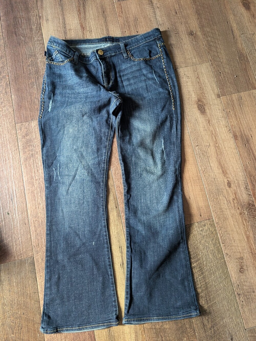 Women's Rock & Republic Kassandra Dark Blue Flare Jeans Studded Side Trim 15